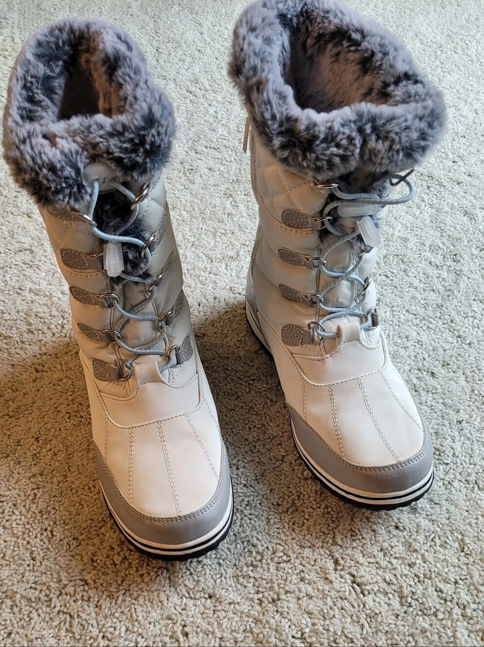 Totes womens Slip-on Waterproof Snow & Rain Boots Anchor Gray With Ice Blue Fur
